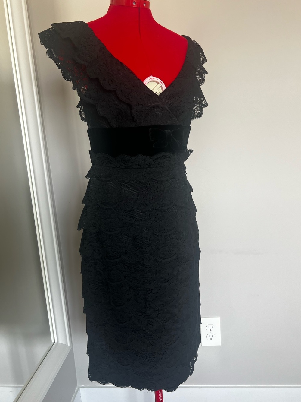 Armani Collezioni Black Lace Midi Dress with Velvet Waistband